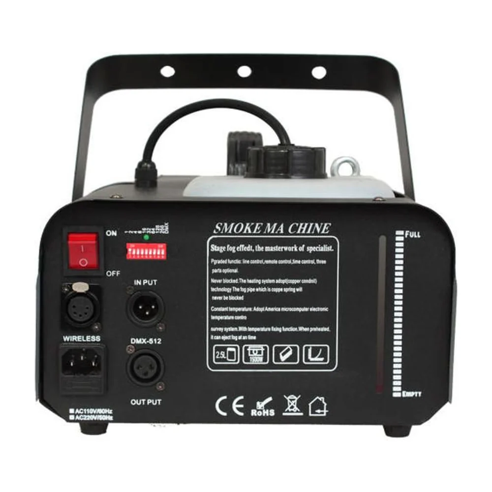 Panel trasero de la máquina de humo Ibiza Light LSM1200PRO: DMX, mando e interruptor