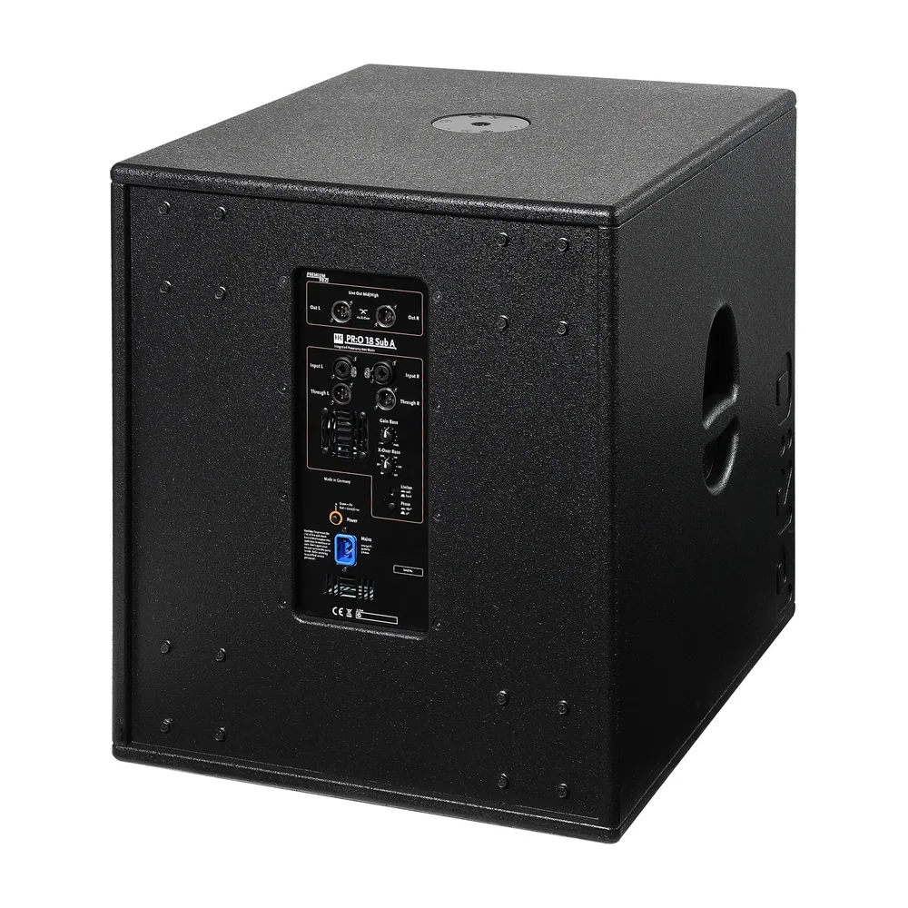Panel de amplificacion y conexiones traseras del subwoofer HK Audio PR:O 18 Sub A