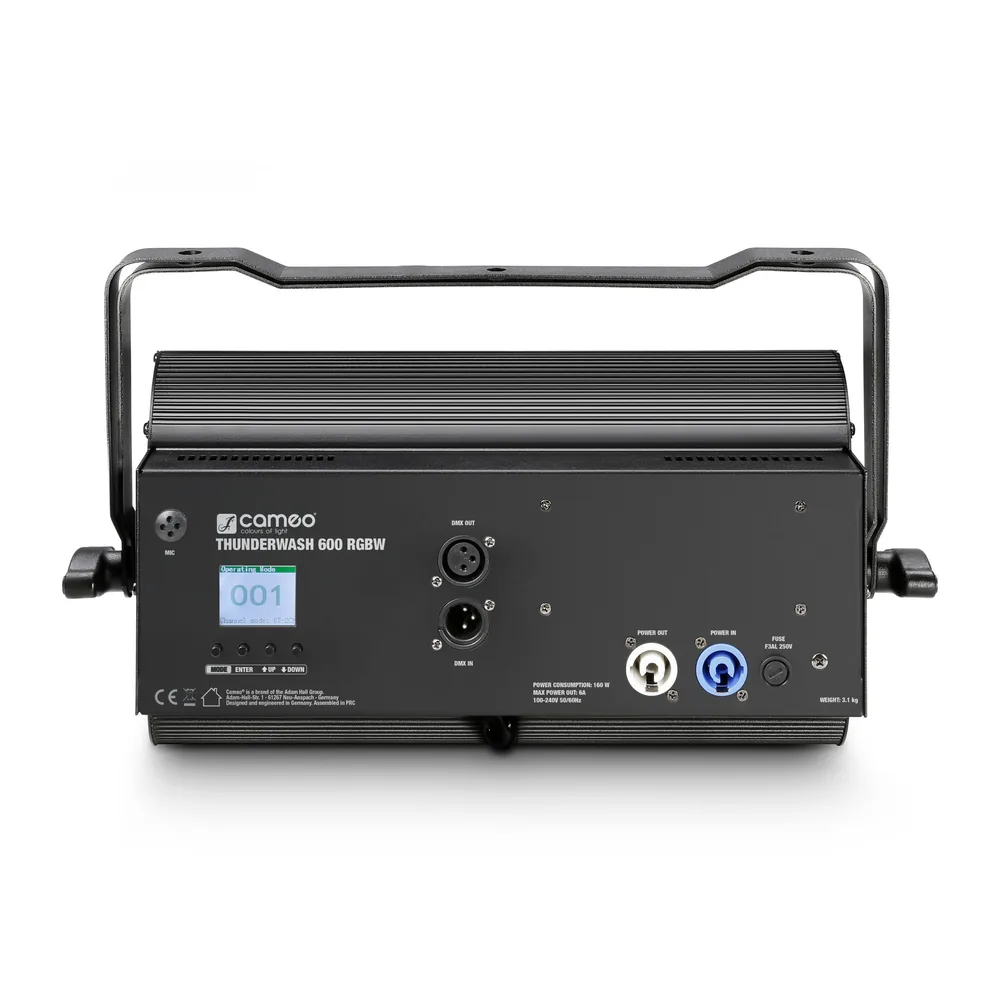 Panel trasero del Cameo Thunder Wash 600 RGBW: pantalla, DMX y entrada y salida de corriente