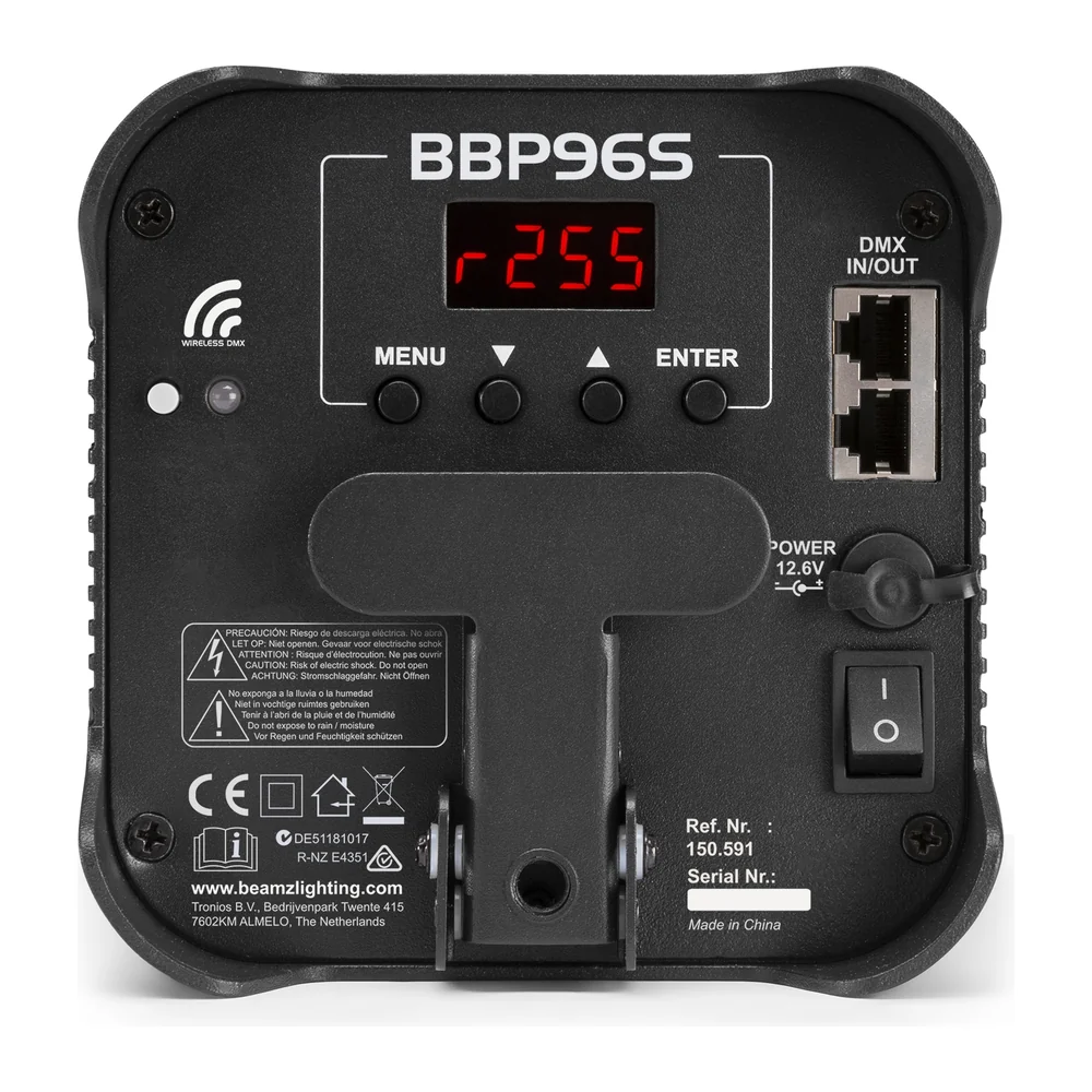 Base del foco de batería BeamZ BBP96S: pantalla de control, DMX y toma de carga