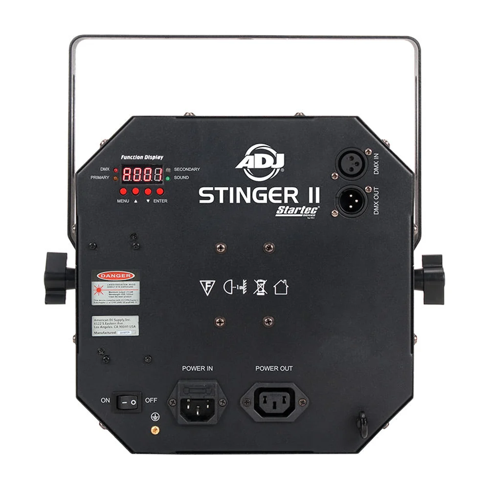 Panel trasero del ADJ Stinger II: pantalla de control, DMX y entrada y salida de corriente