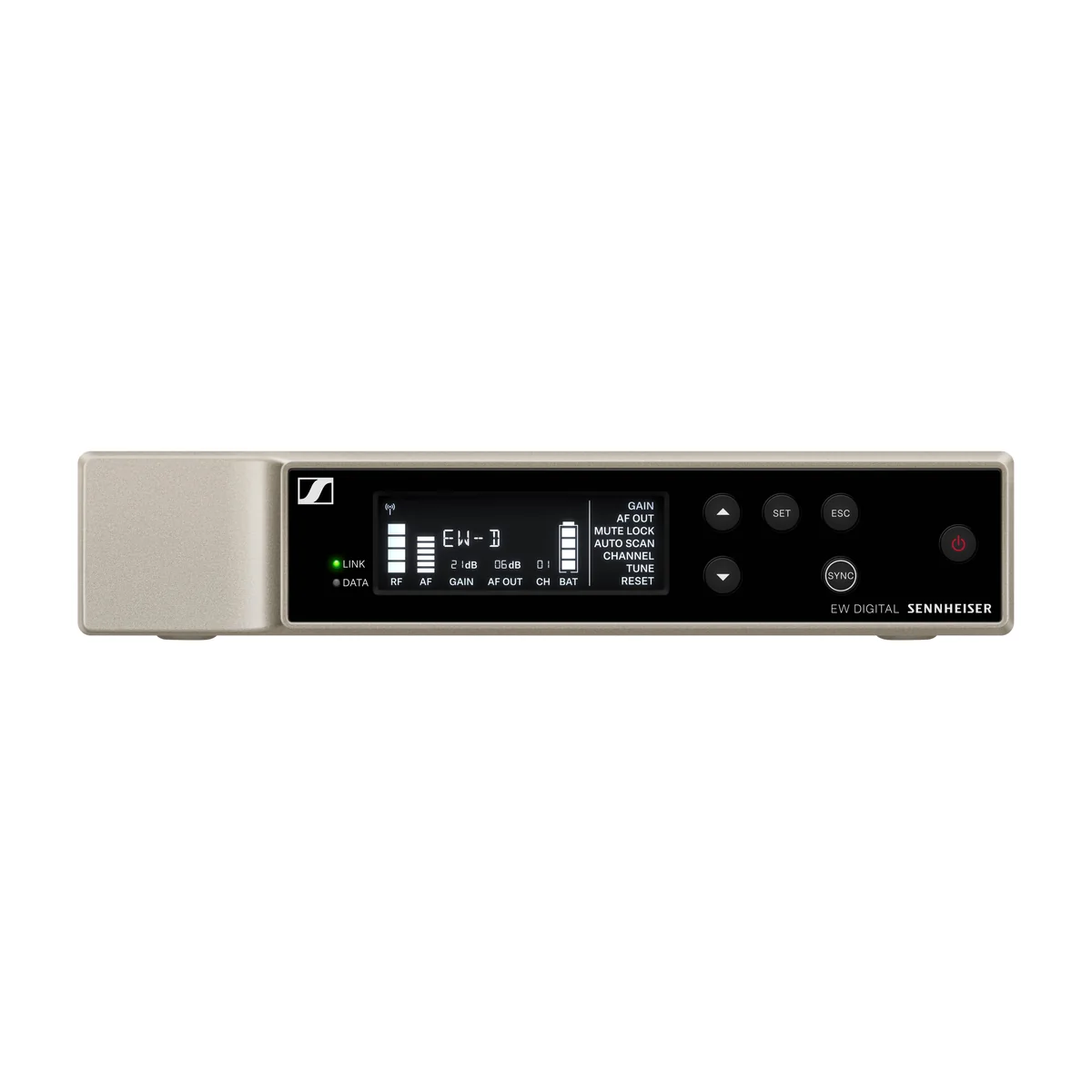 Receptor Sennheiser EW-D EM visto de frente, con su pantalla