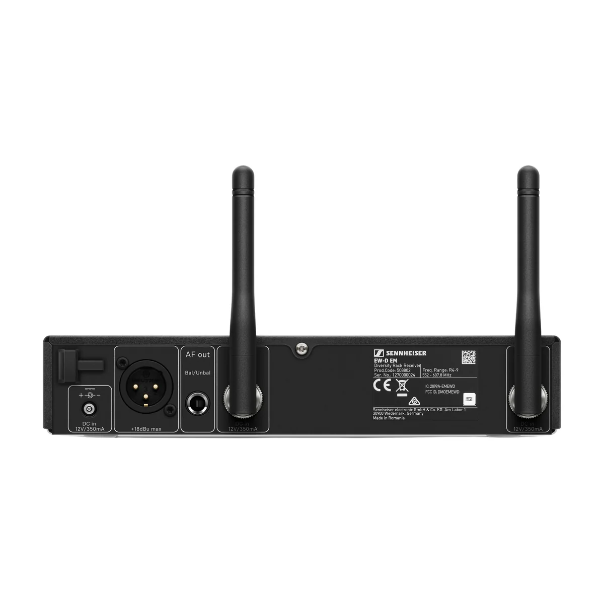 Trasera del receptor Sennheiser EW-D EM: salidas XLR y jack, antenas y alimentación
